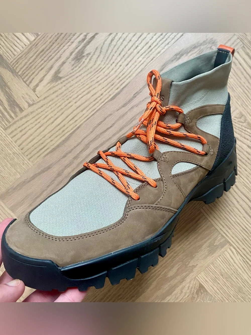 Tod's Brown and Olive Suede High-Top Trail Boot with Orange Laces